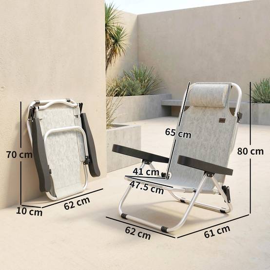Lot de 2 chaises longues pliantes et inclinables 4 positions avec appui-tête, aluminium, 62 x 61 x 80 cm, gris - Image 5