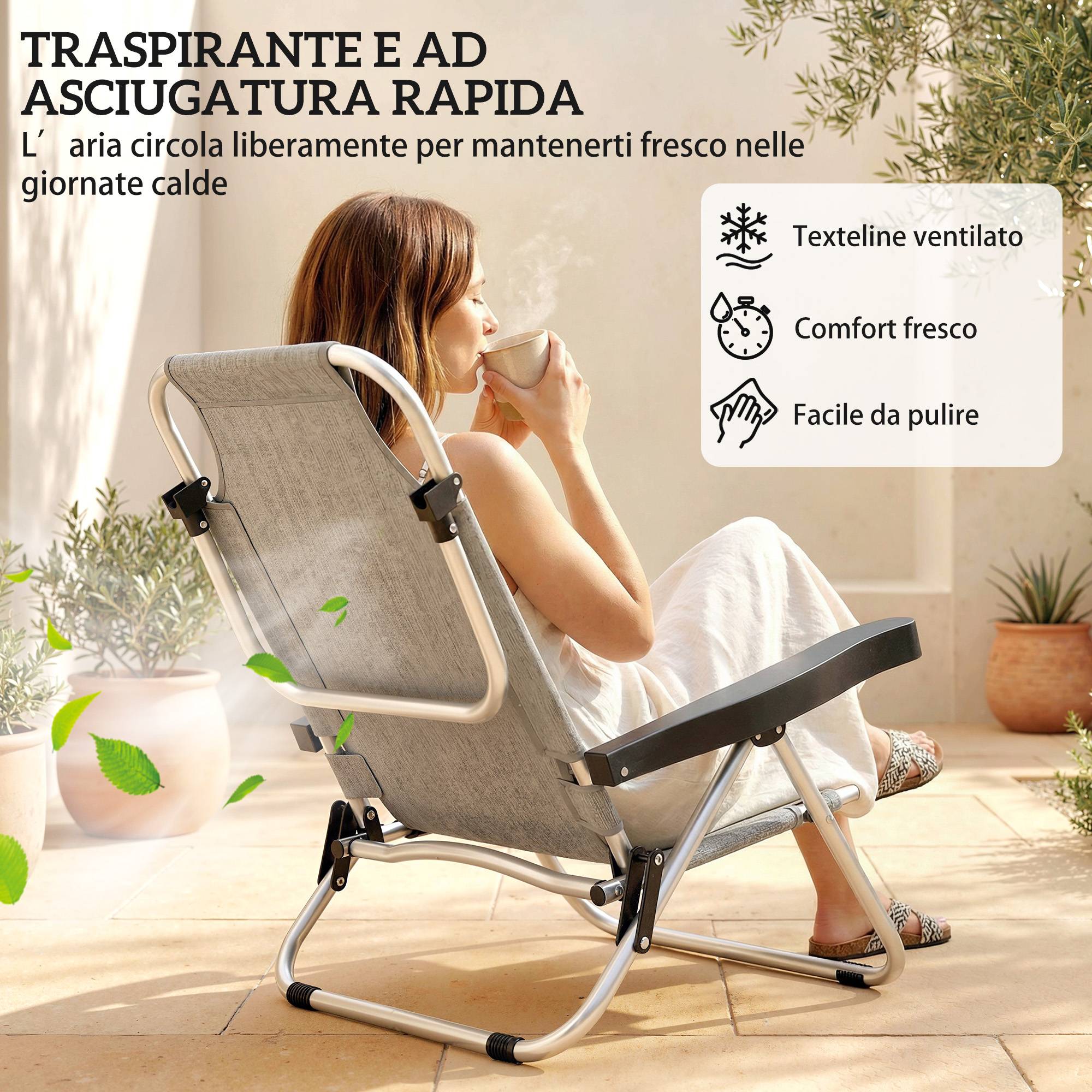 Lot de 2 chaises longues pliantes et inclinables 4 positions avec appui-tête, aluminium, 62 x 61 x 80 cm, gris - Image 10
