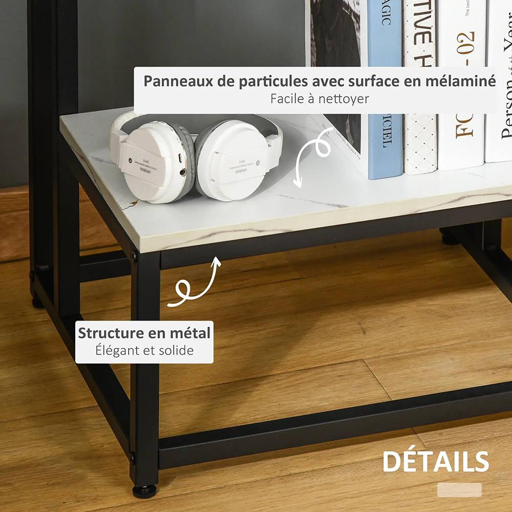 Table basse ,table d'appoint chambre structure acier noir plateau étagère aspect marbre blanc - Image 7