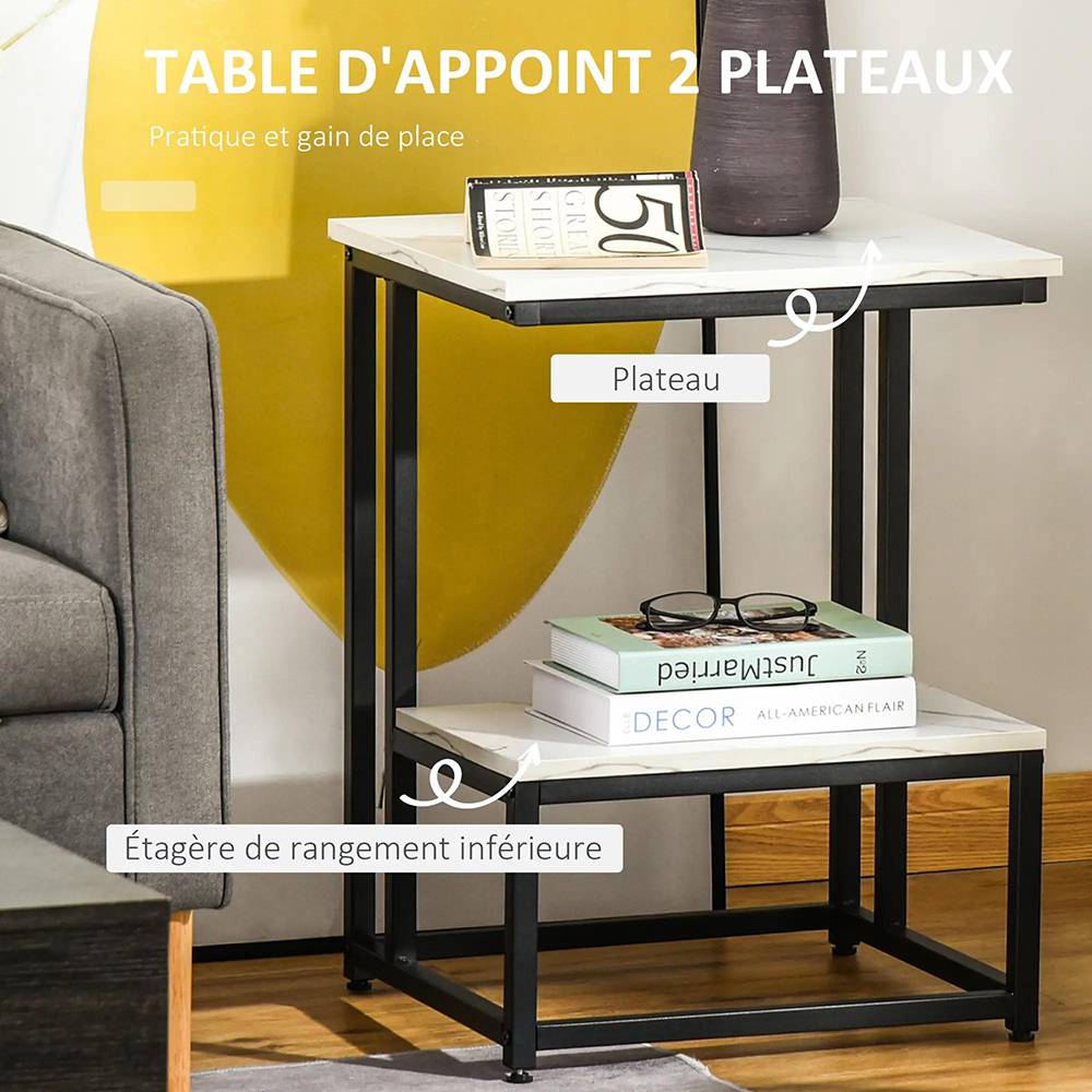 Table basse ,table d'appoint chambre structure acier noir plateau étagère aspect marbre blanc - Image 3