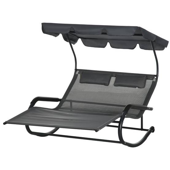 Bain de soleil double polyester avec auvent chaise longue à bascule roues gris foncé - ComfortXL Outdoor Living - Image 2