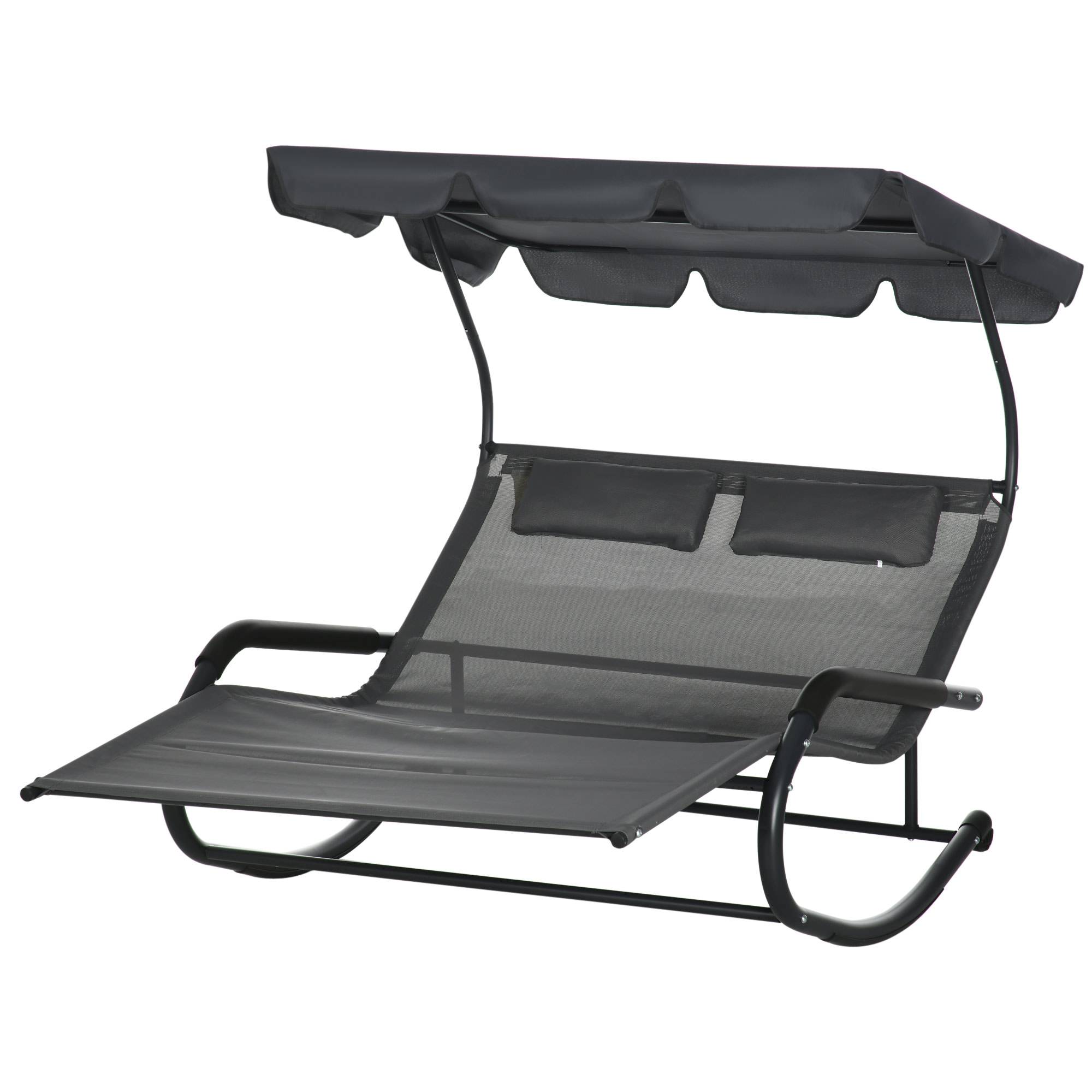 Bain de soleil double polyester avec auvent chaise longue à bascule roues gris foncé - ComfortXL Outdoor Living - Image 2