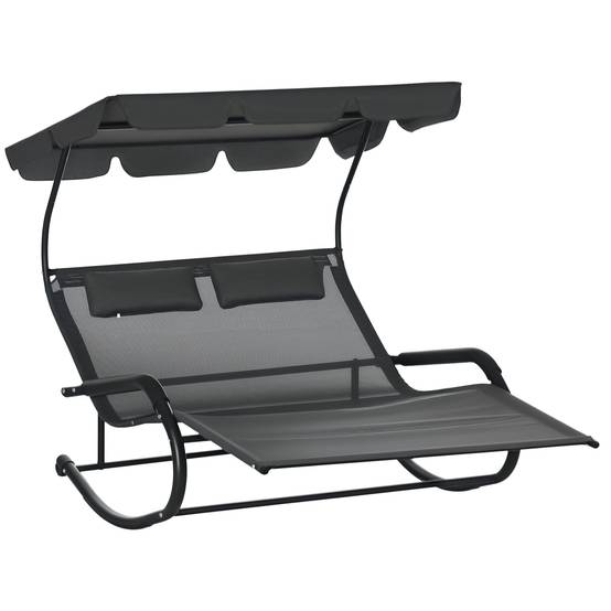 Bain de soleil double polyester avec auvent chaise longue à bascule roues gris foncé - ComfortXL Outdoor Living - Image 1