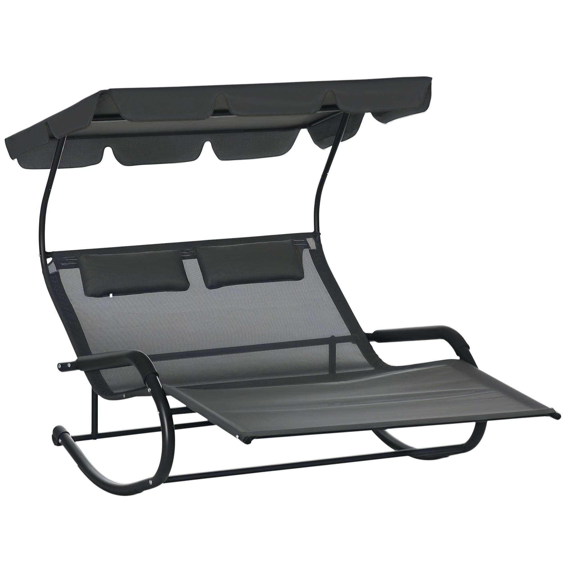 Bain de soleil double polyester avec auvent chaise longue à bascule roues gris foncé - ComfortXL Outdoor Living - Image 1