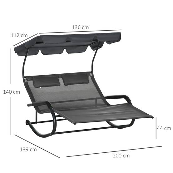 Bain de soleil double polyester avec auvent chaise longue à bascule roues gris foncé - ComfortXL Outdoor Living - Image 5