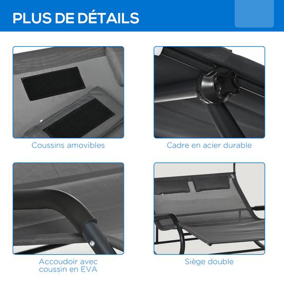 Bain de soleil double polyester avec auvent chaise longue à bascule roues gris foncé - ComfortXL Outdoor Living - Image 8