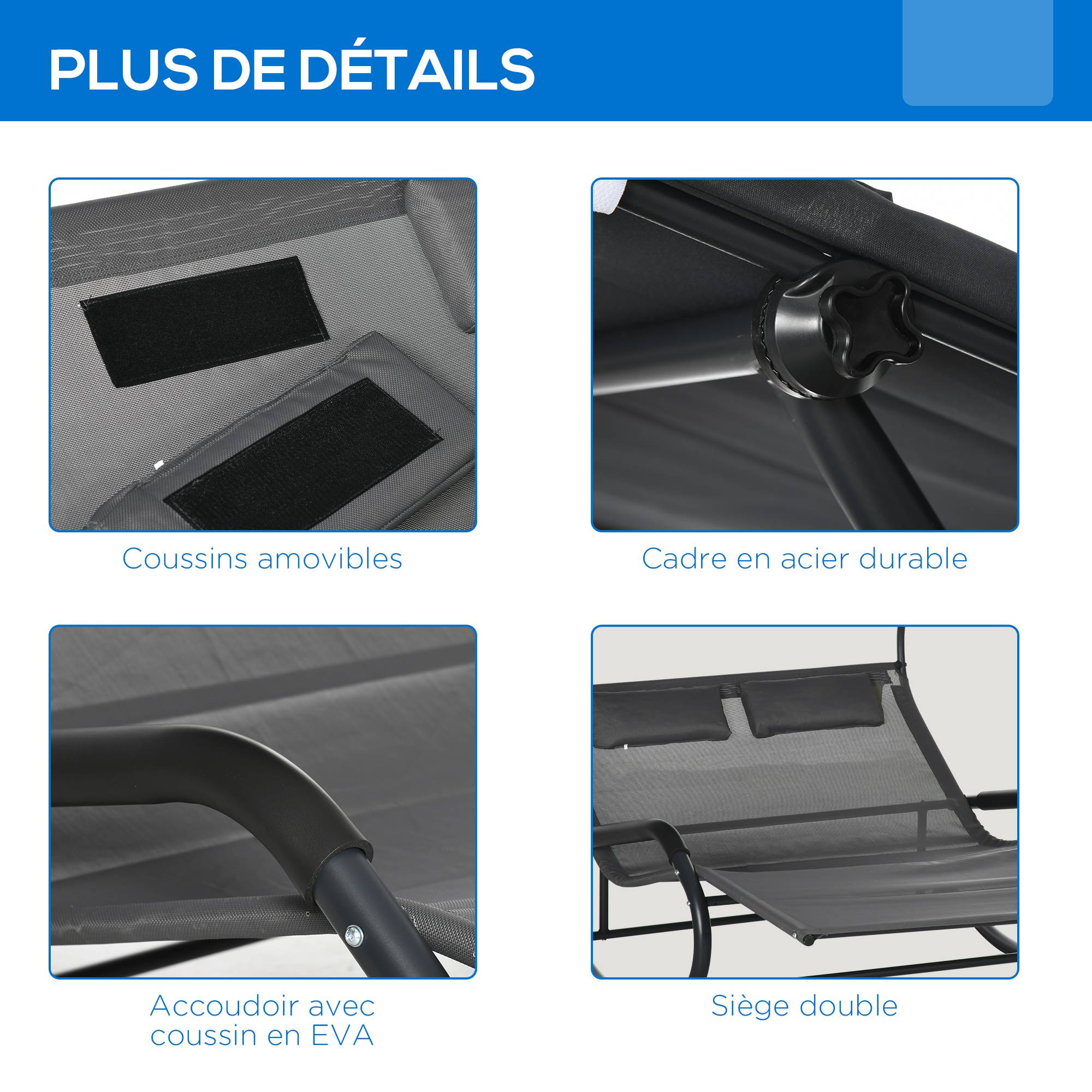 Bain de soleil double polyester avec auvent chaise longue à bascule roues gris foncé - ComfortXL Outdoor Living - Image 8