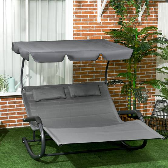 Bain de soleil double polyester avec auvent chaise longue à bascule roues gris foncé - ComfortXL Outdoor Living - Image 3