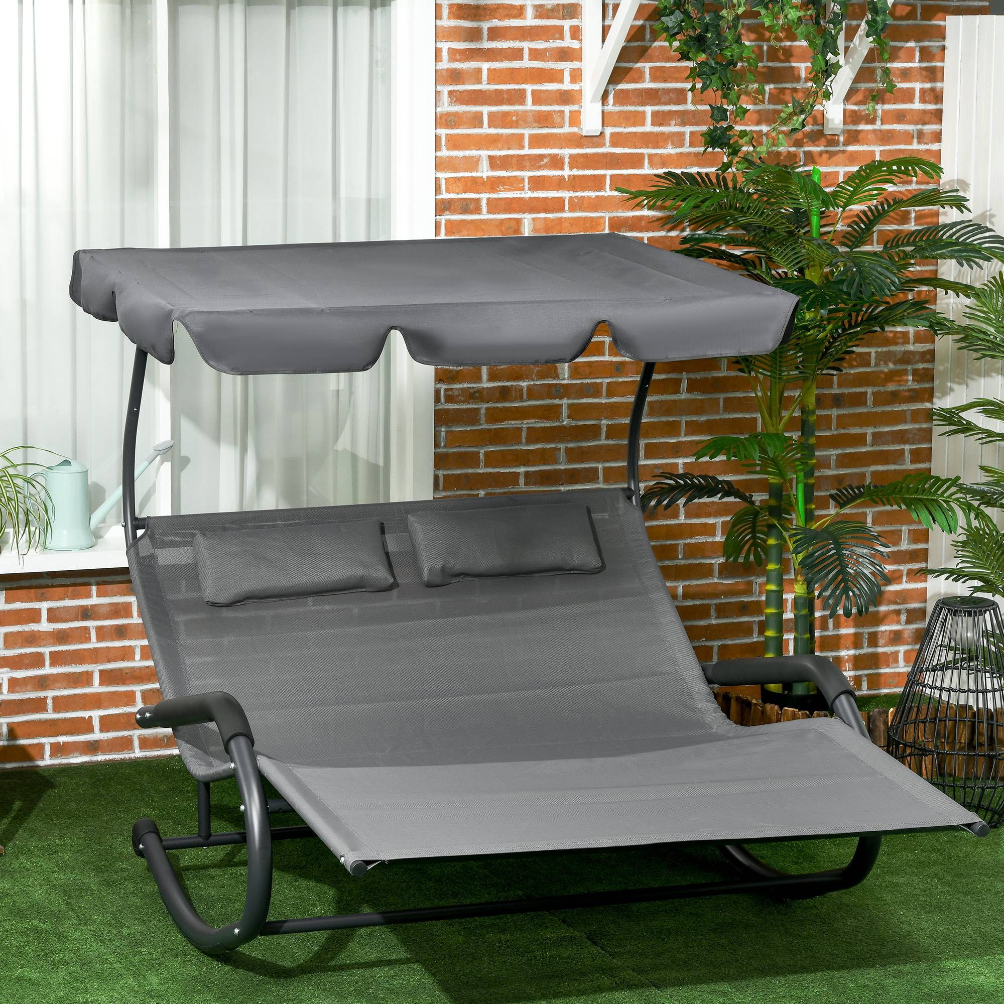Bain de soleil double polyester avec auvent chaise longue à bascule roues gris foncé - ComfortXL Outdoor Living - Image 3