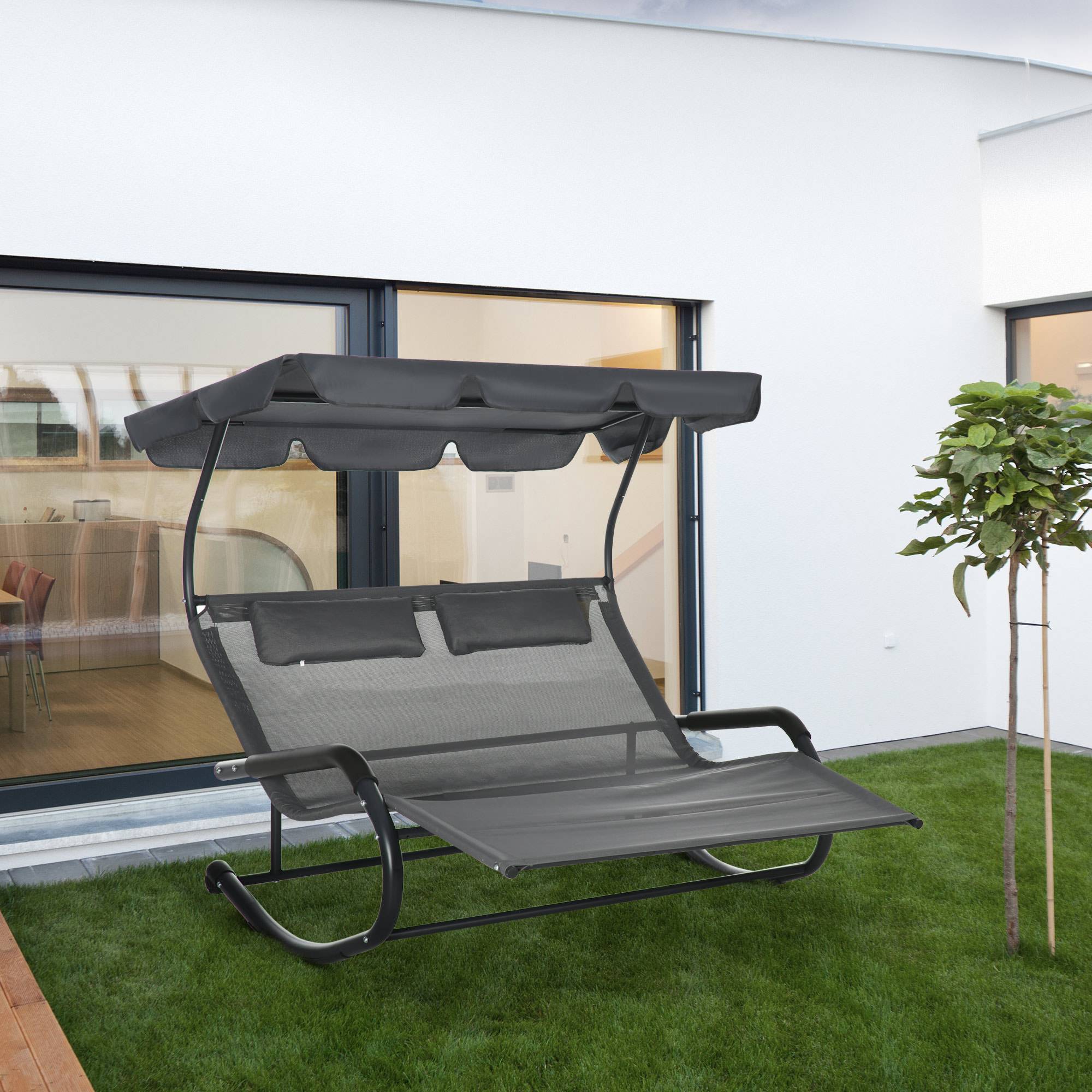 Bain de soleil double polyester avec auvent chaise longue à bascule roues gris foncé - ComfortXL Outdoor Living - Image 4