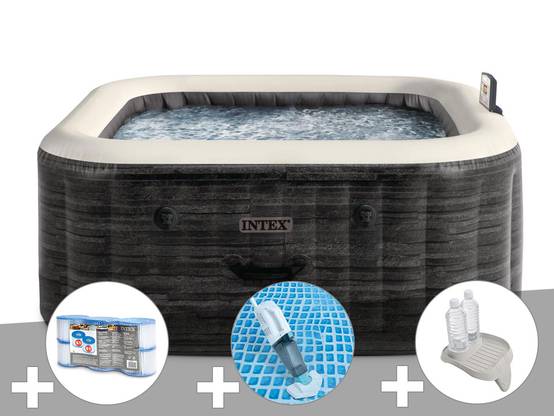 Kit spa gonflable Intex PureSpa Ardoise carré Bulles 6 places + 6 filtres + Aspirateur + Porte-verre