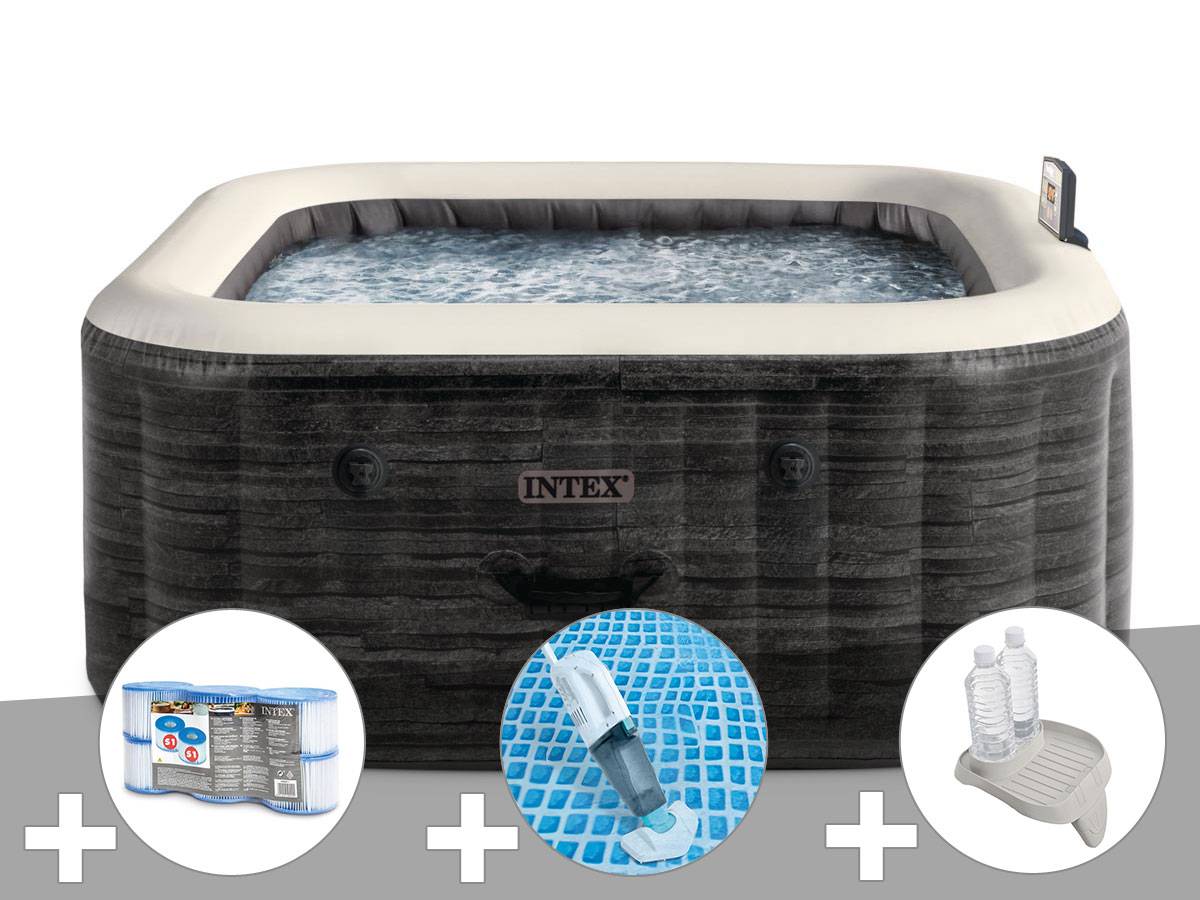 Kit spa gonflable Intex PureSpa Ardoise carré Bulles 6 places + 6 filtres + Aspirateur + Porte-verre