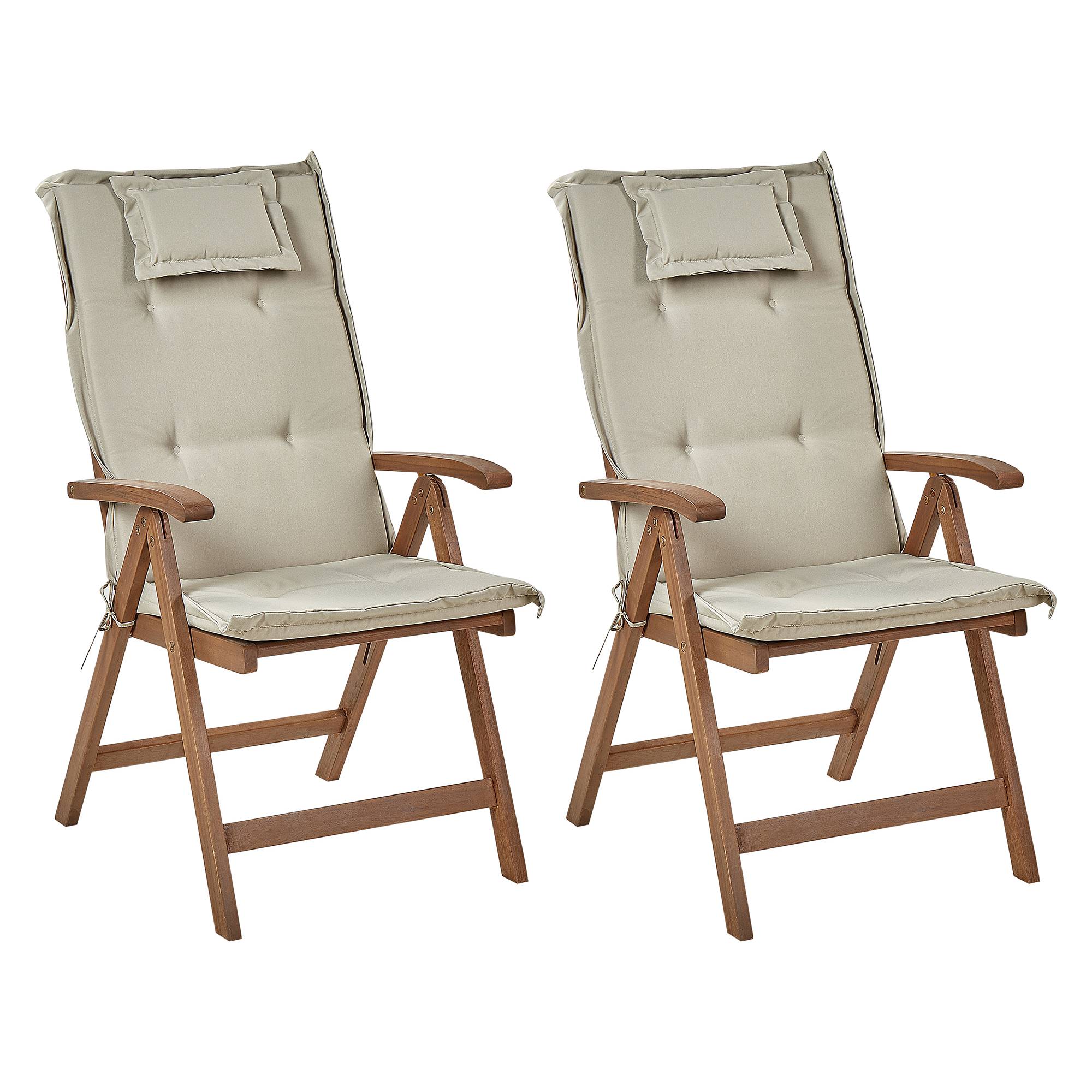 Beliani - Chaises de Jardin Pliables et Inclinables Accoudoirs en Bois d'Acacia Foncé avec Coussin Taupe Style Rustique Lot de 2 - Image 1