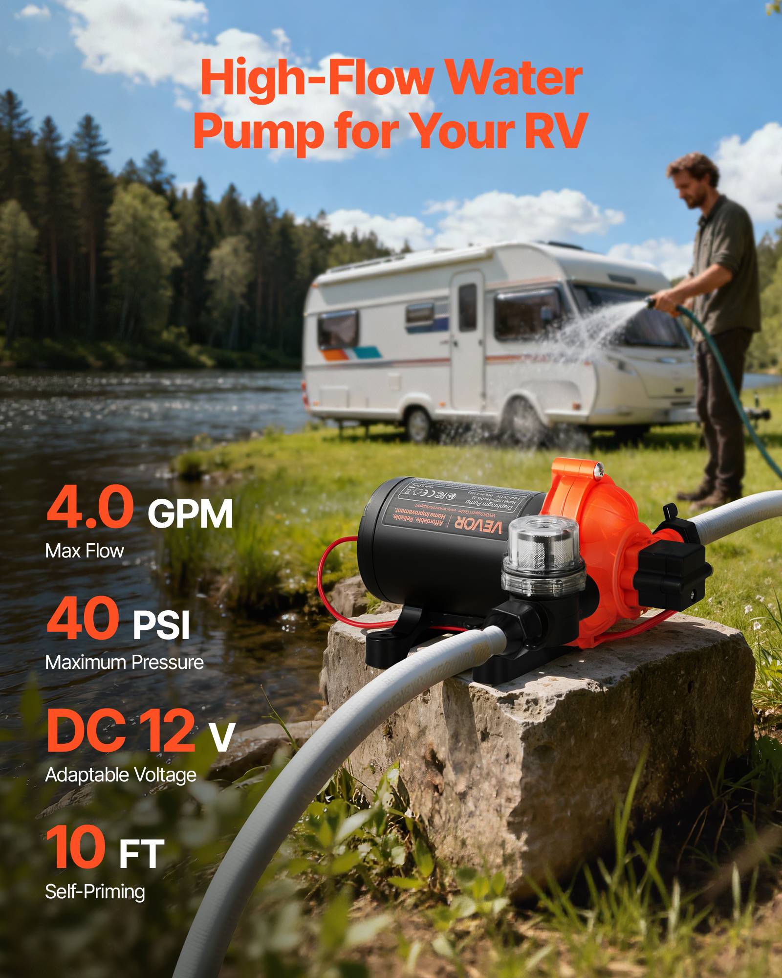 Vevor - VEVOR Pompe à Eau Membrane Auto-amorçante 3 Chambres 12 V CC 15,1 L/min 2,7 bar - Image 2