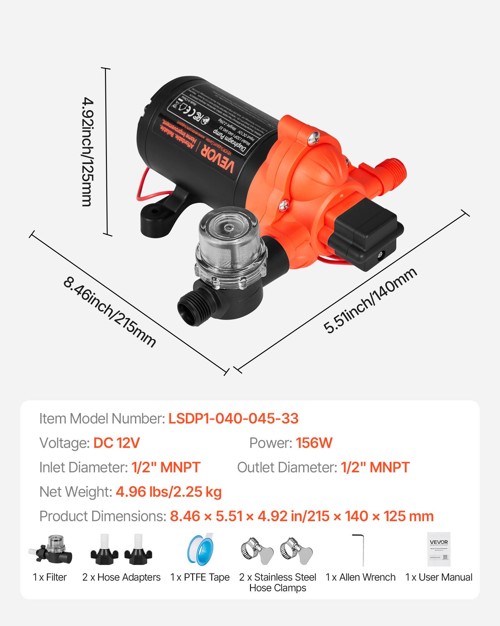 Vevor - VEVOR Pompe à Eau Membrane Auto-amorçante 3 Chambres 12 V CC 15,1 L/min 2,7 bar - Image 7