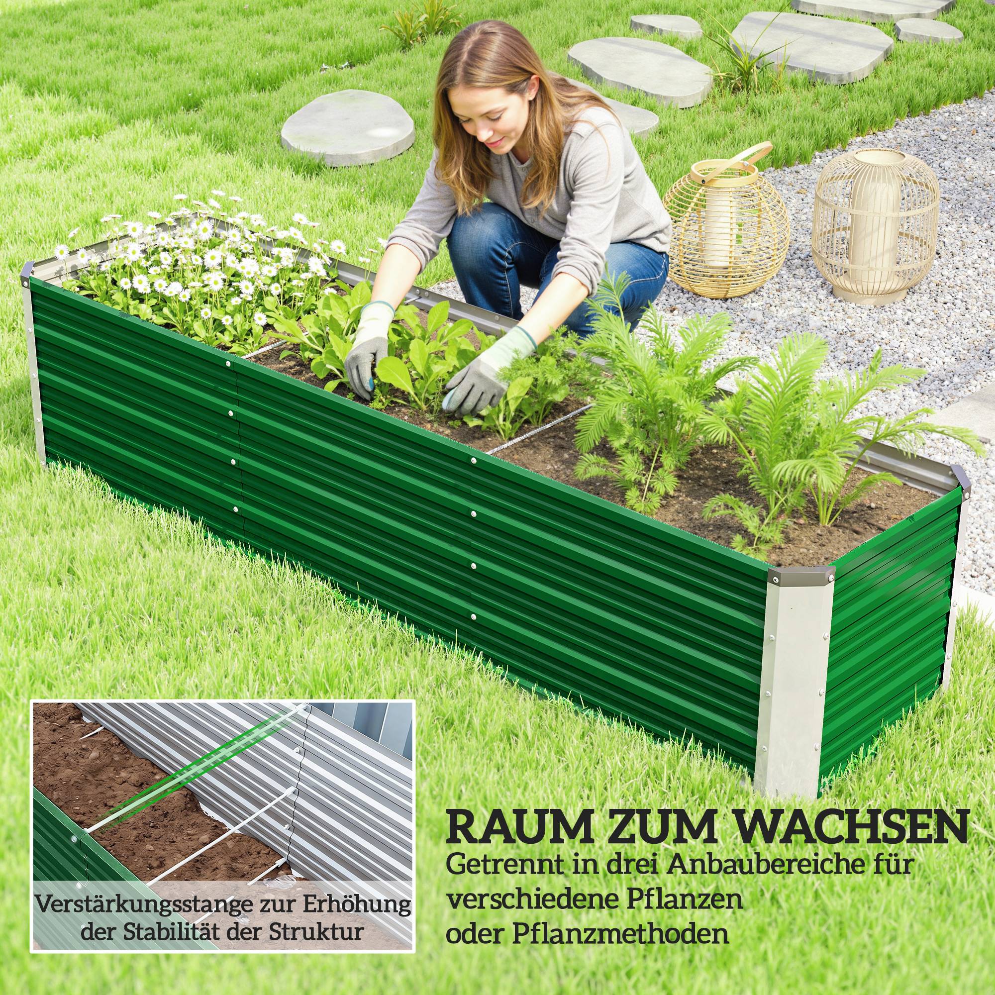 Grand potager surélevé Acier Jardin Extérieur 3 Compartiments 183x47x40cm Vert - ComfortXL Outdoor Living - Image 6
