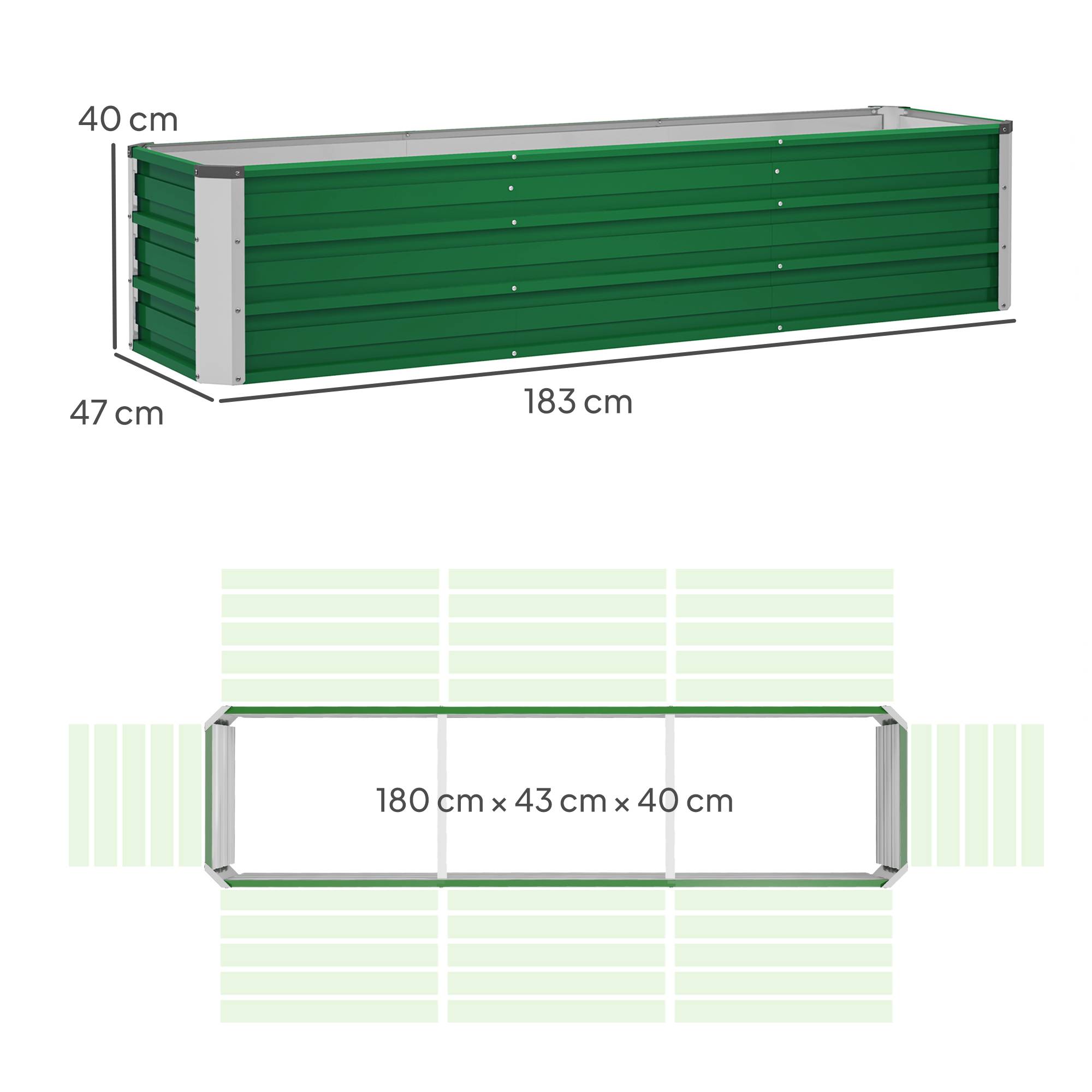 Grand potager surélevé Acier Jardin Extérieur 3 Compartiments 183x47x40cm Vert - ComfortXL Outdoor Living - Image 5