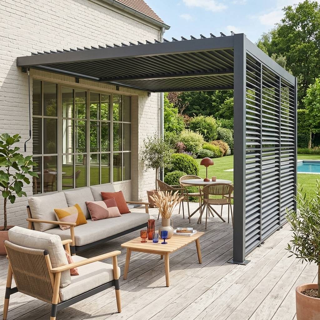 sweeek - Pergola bioclimatique aluminium adossée 4x3m anthracite + 3 persiennes 130cm lames orientables Palace | sweeek