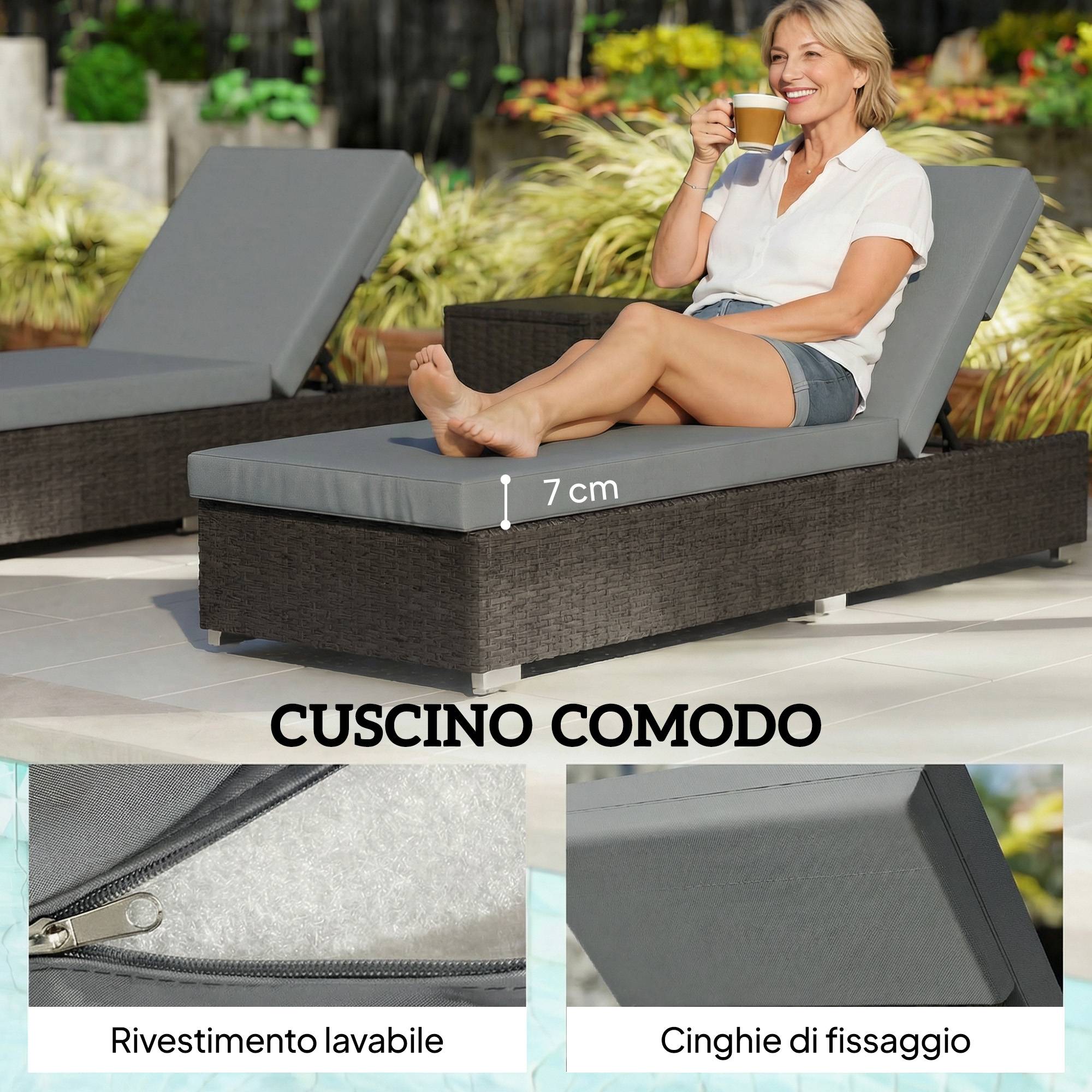 ComfortXL - Lot de 2 Bains de Soleil Résine Tressée Jardin Plage Dossier Inclinable 184x60x22cm Gris - ComfortXL Outdoor Living - Image 7