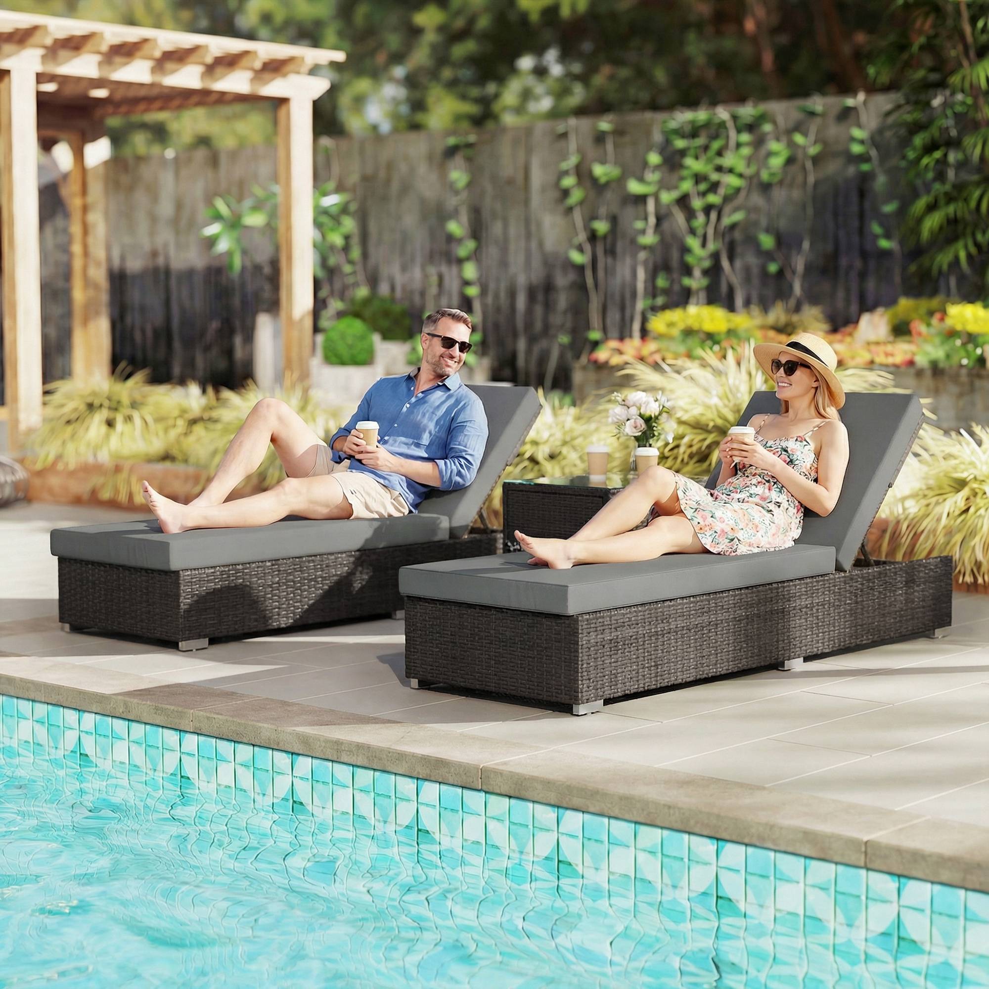ComfortXL - Lot de 2 Bains de Soleil Résine Tressée Jardin Plage Dossier Inclinable 184x60x22cm Gris - ComfortXL Outdoor Living - Image 3