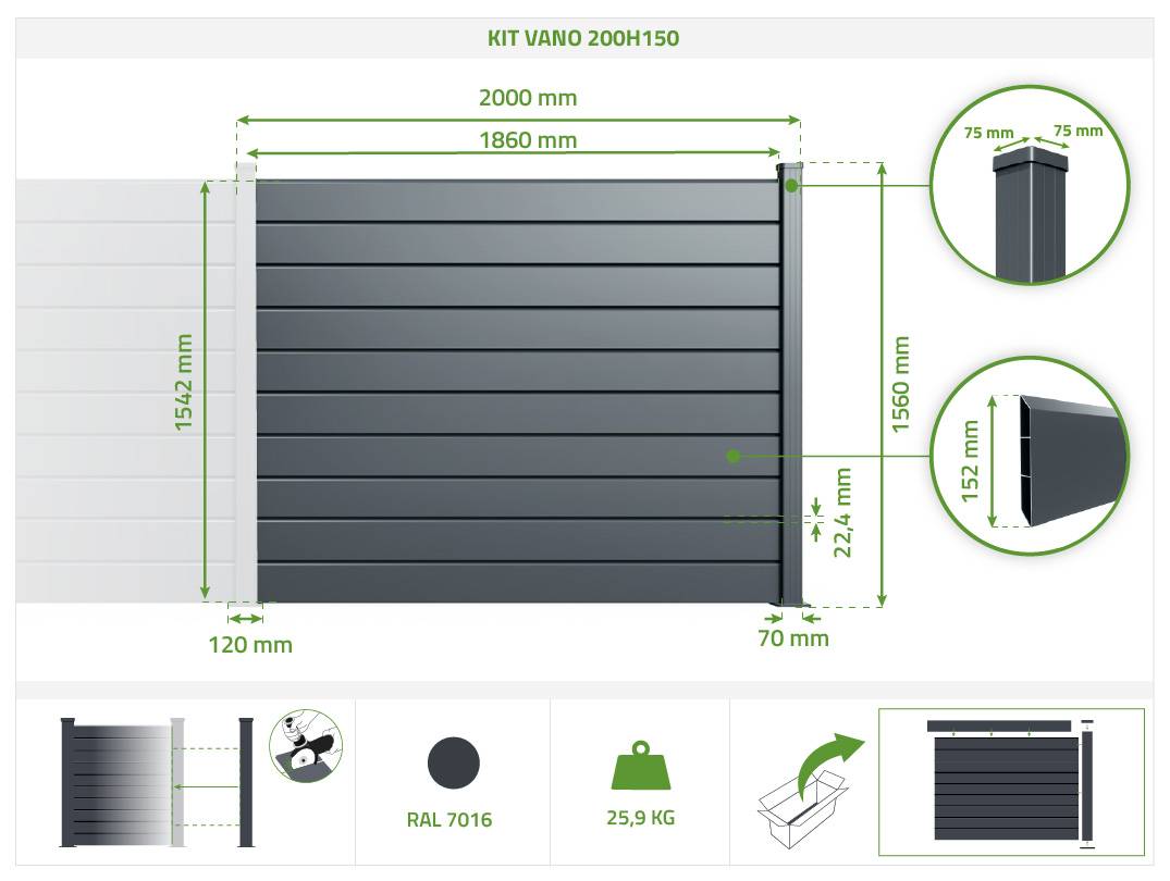 Casanoov Clôture Aluminium Persienne 8m VANO H.150 cm gris - Image 3