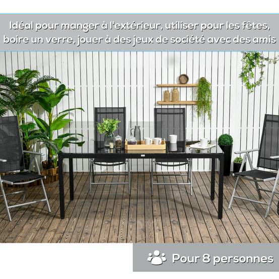 Table de jardin rectangulaire pour 8 personnes avec plateau en verre trempé et cadre en aluminium noir - Image 8