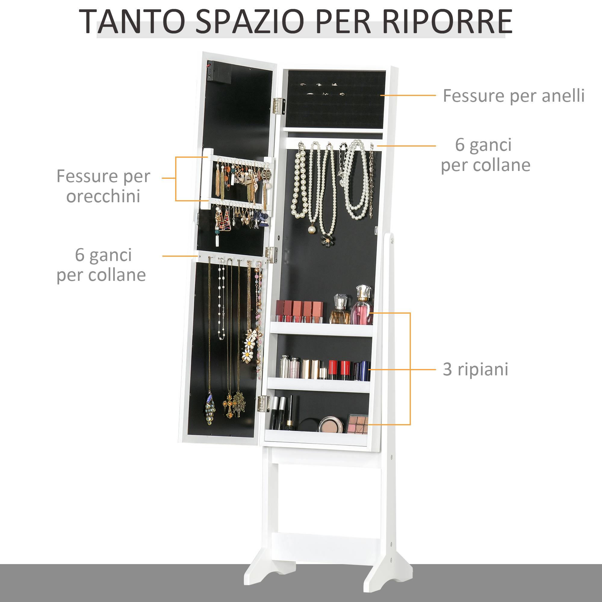 Sans Marque - Armoire à bijoux avec miroir réglable et éclairage LED blanc chaud, 36 x 30 x 136 cm - Image 6
