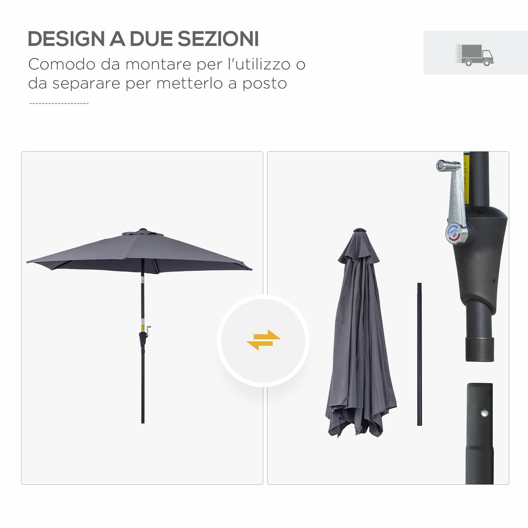 Parasol de jardin inclinable à manivelle de 2,6 x 2,4 m, en aluminium et polyester, gris et noir. - Image 9
