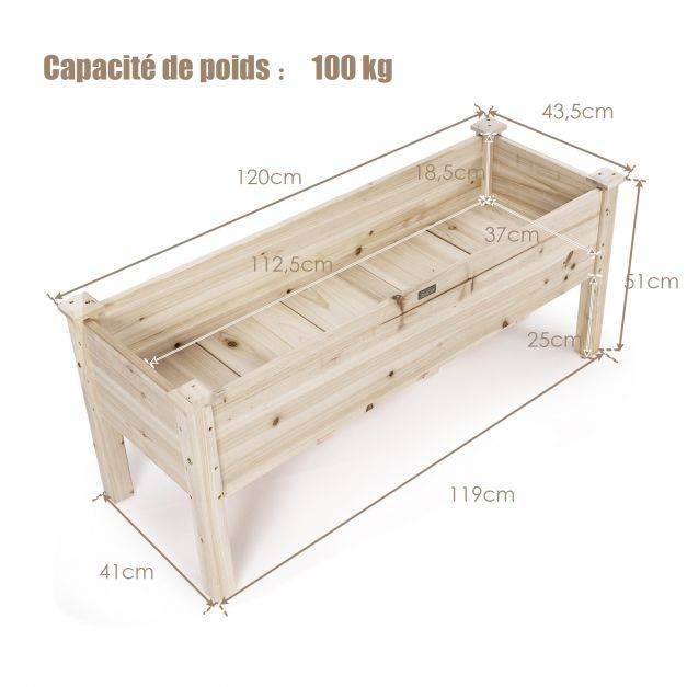 Jardinière surélevée en bois carré potager sur pied avec 5 trous de drainage 120 x 43,5 x 51cm naturel - Image 3