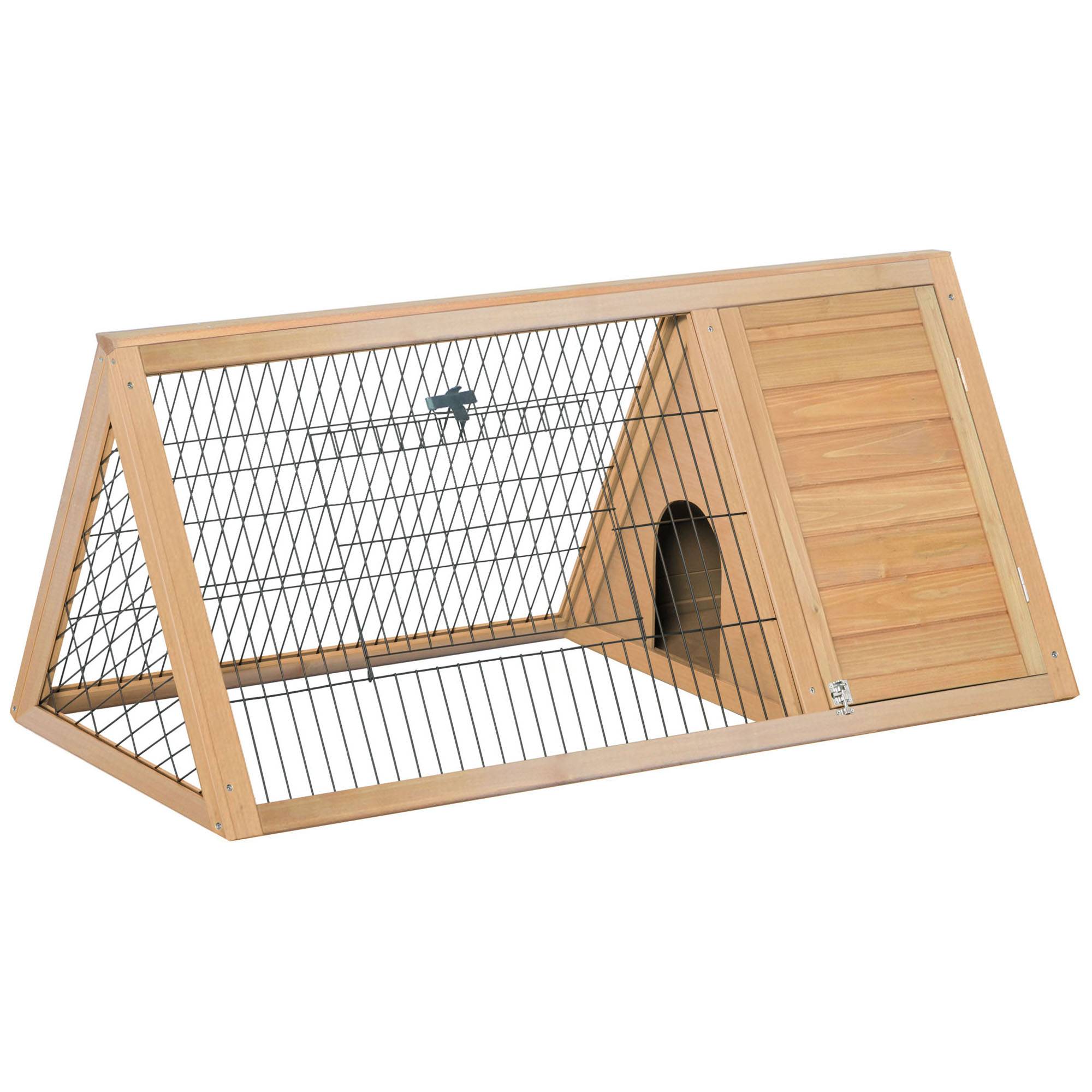 Enclos triangulaire extérieur en pin massif, niche double porte, lapins poules tortues, 116x62,2x52,5cm - Image 1