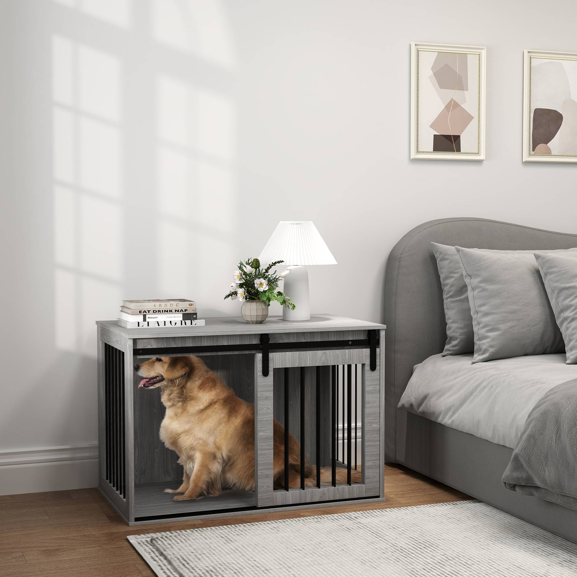 Caisse pour chien porte coulissante, ventilation, panneau de particules et acier,98x58x61cm gris - Image 4