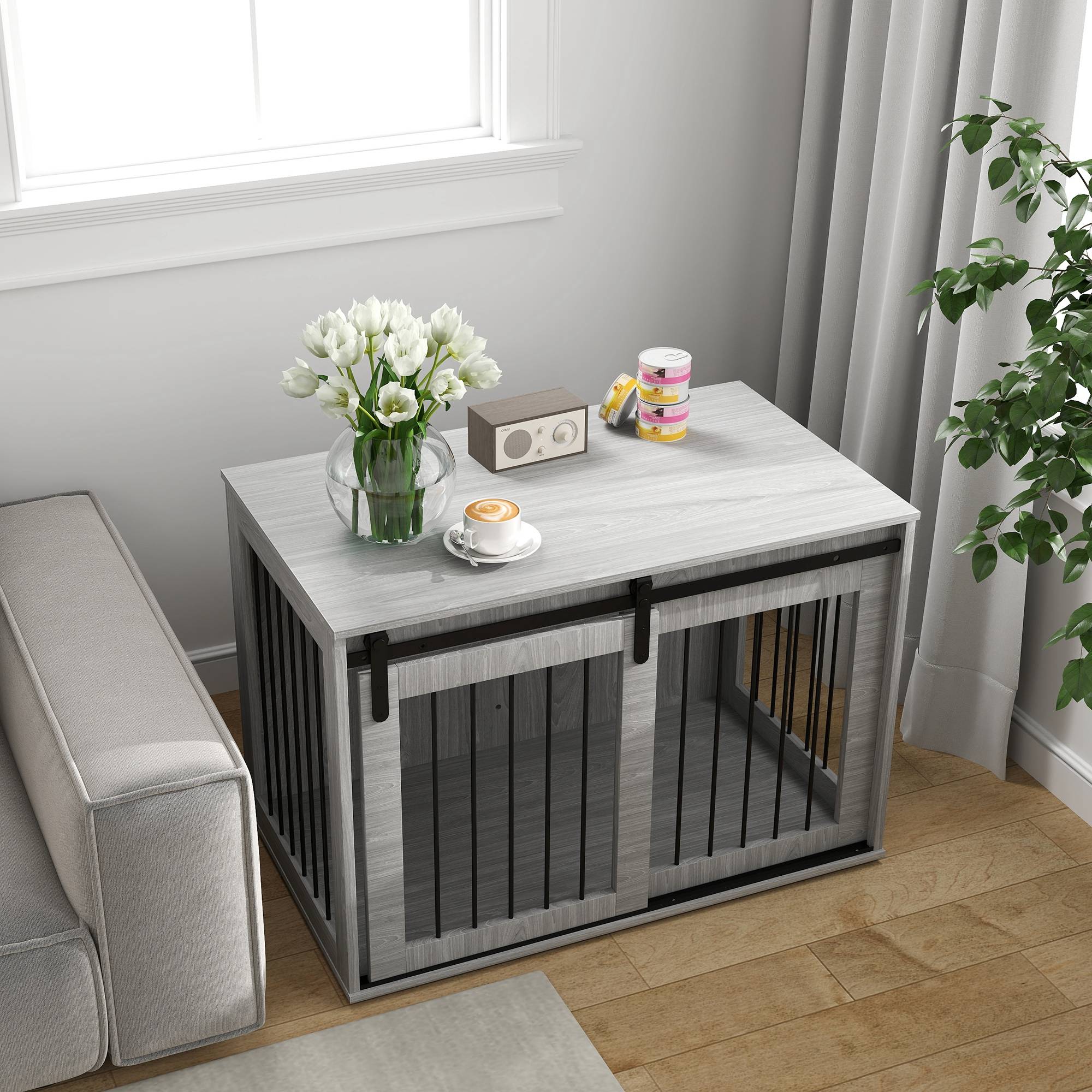 Caisse pour chien porte coulissante, ventilation, panneau de particules et acier,98x58x61cm gris - Image 10