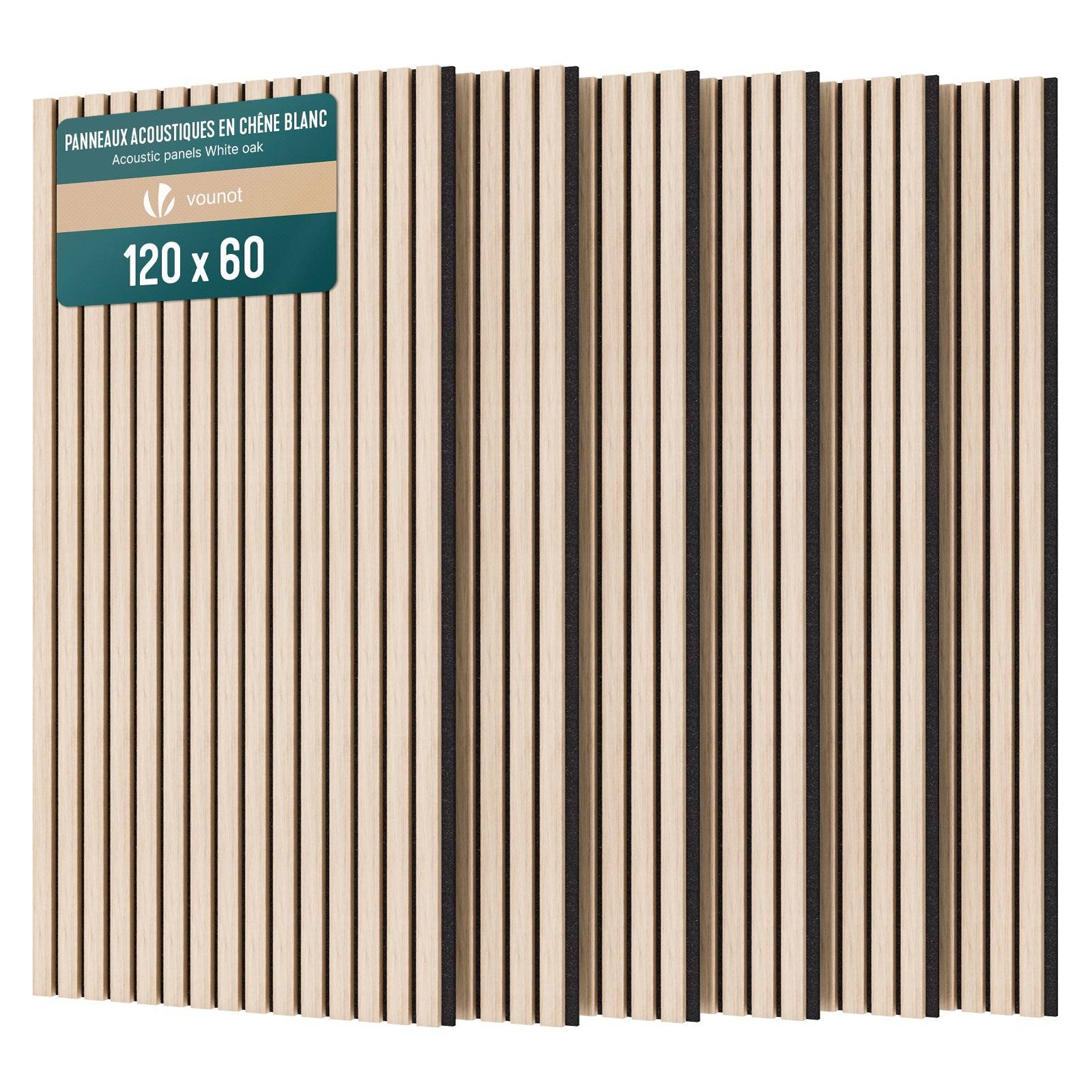 Vounot - Lot de 6 panneaux acoustiques muraux Tasseaux en bois MDF avec feutre noir 120x60x2.1cm chêne blanc