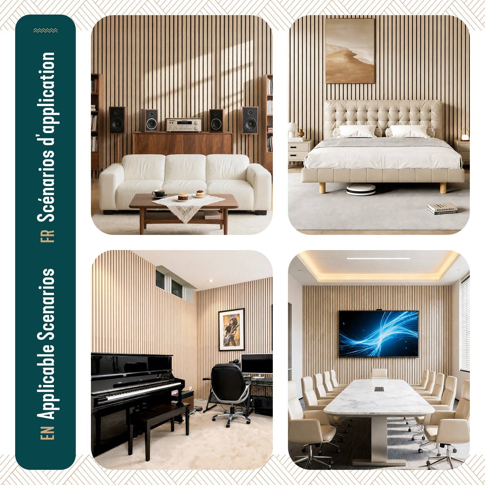 Vounot - Lot de 6 panneaux acoustiques muraux Tasseaux en bois MDF avec feutre noir 120x60x2.1cm chêne blanc - Image 7