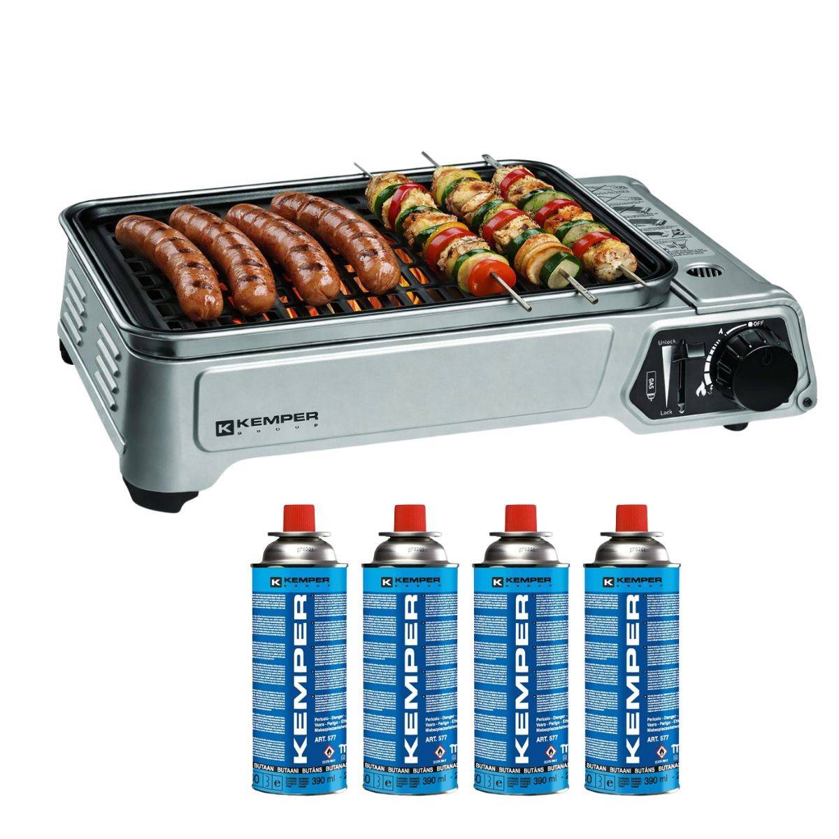 Barbecue à gaz portable 1900W Grille anti adhesive + 4 cartouches gaz Camping + Mallette de transport Cuisson nomade KEMPER - Image 1