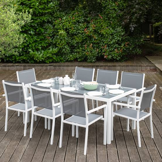 Salon de jardin BARI en textilène gris 8 places - aluminium blanc - HAPPY GARDEN - Image 2