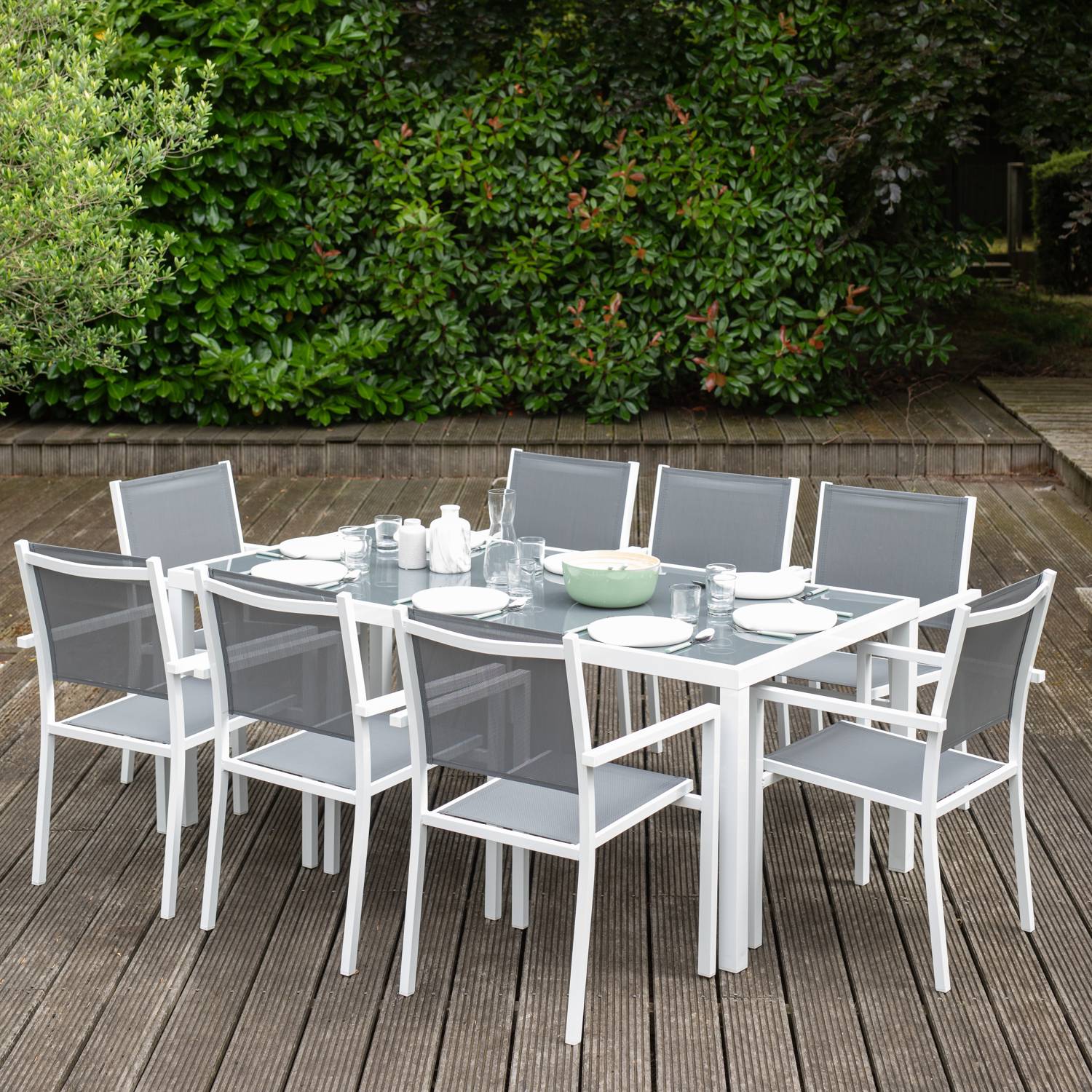 Salon de jardin BARI en textilène gris 8 places - aluminium blanc - HAPPY GARDEN - Image 2