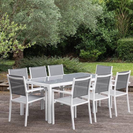 Salon de jardin BARI en textilène gris 8 places - aluminium blanc - HAPPY GARDEN - Image 9