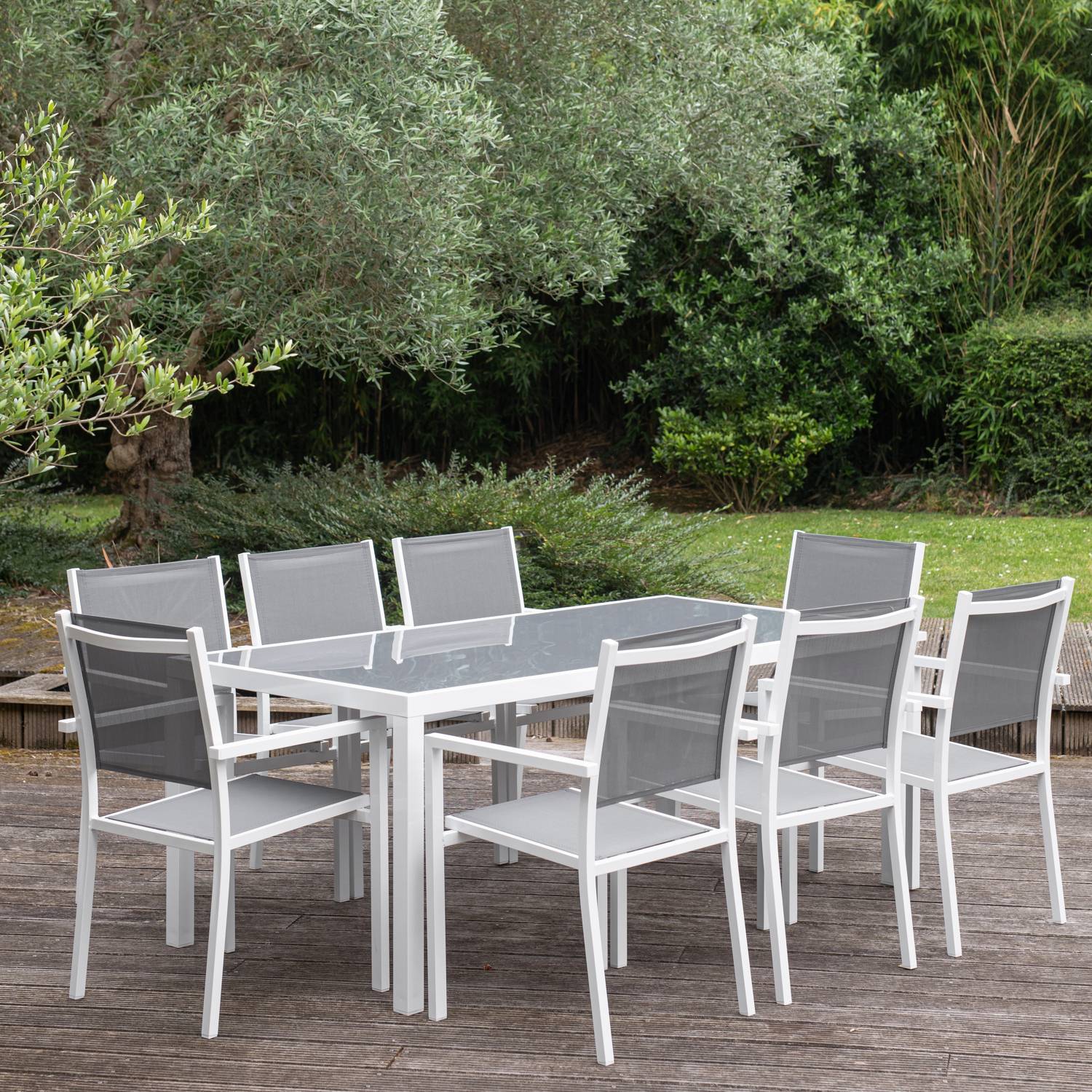 Salon de jardin BARI en textilène gris 8 places - aluminium blanc - HAPPY GARDEN - Image 9