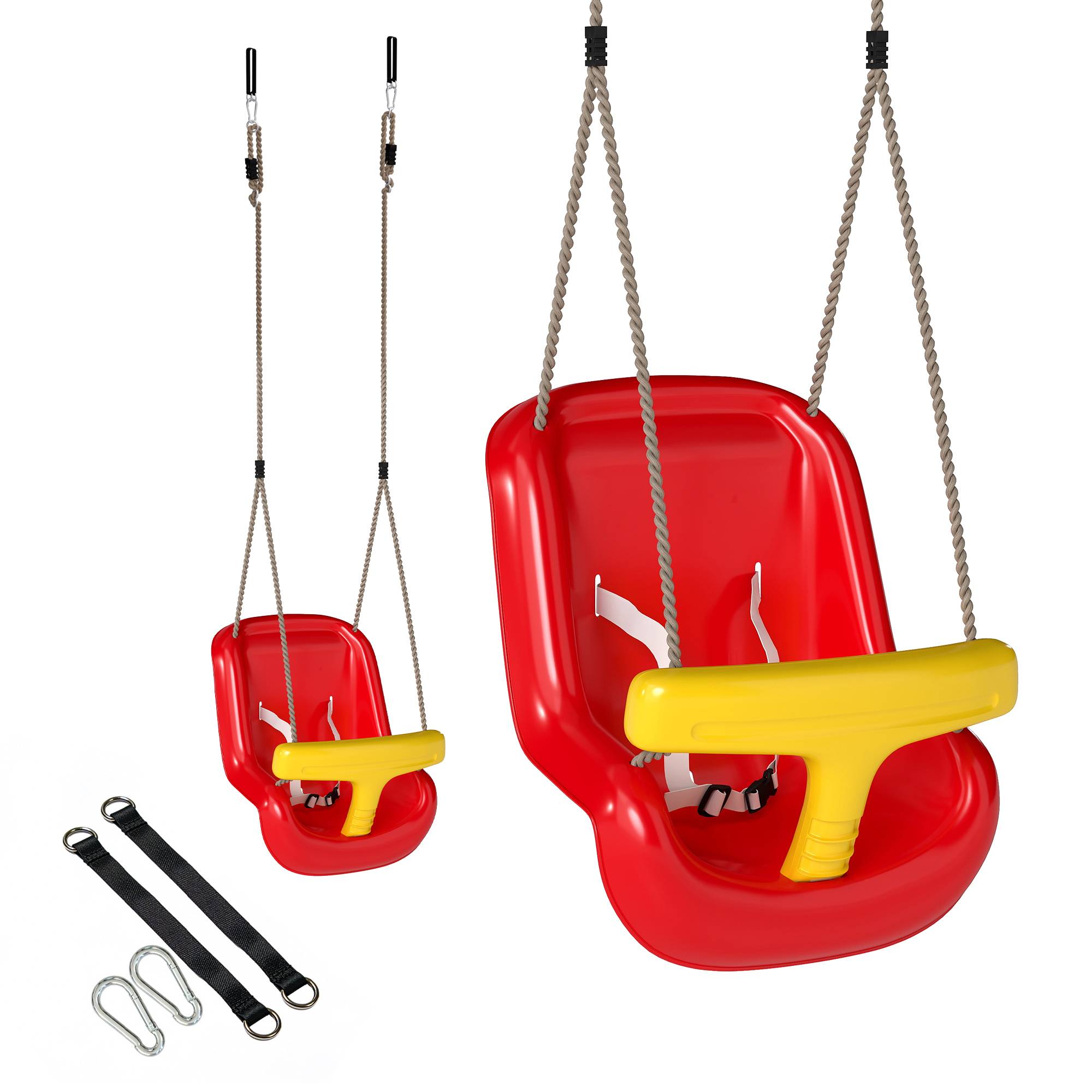 Balançoire enfant à corde réglable, haut dossier, barre de sécurité en T, usage intérieur extérieur, rouge, conception sécurisée pour les tout-petits - Image 10