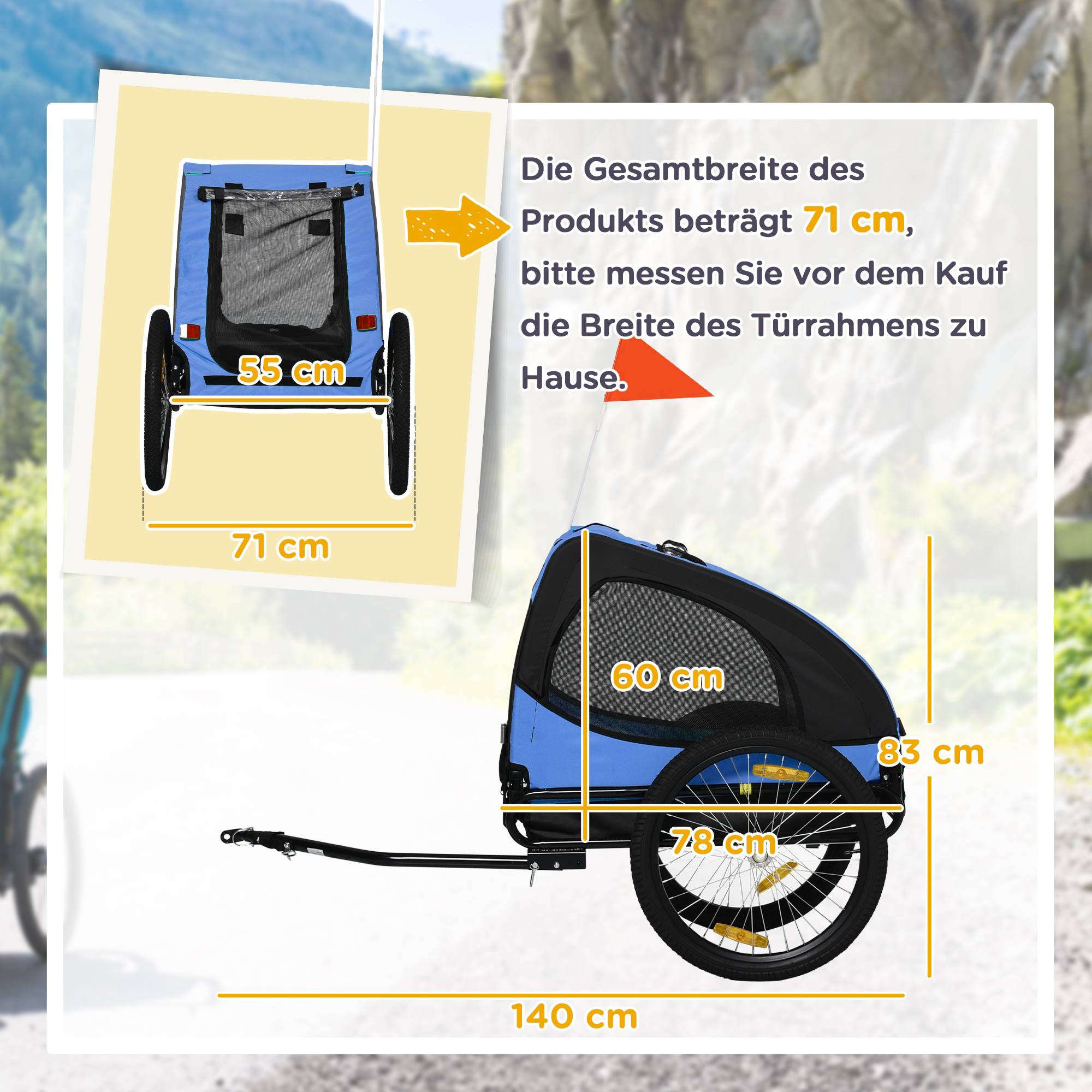 Remorque de vélo pour chien pliable, serrage rapide, résistante à l’eau, tissu oxford et acier, 140 x 71 x 83cm, bleue - Image 3