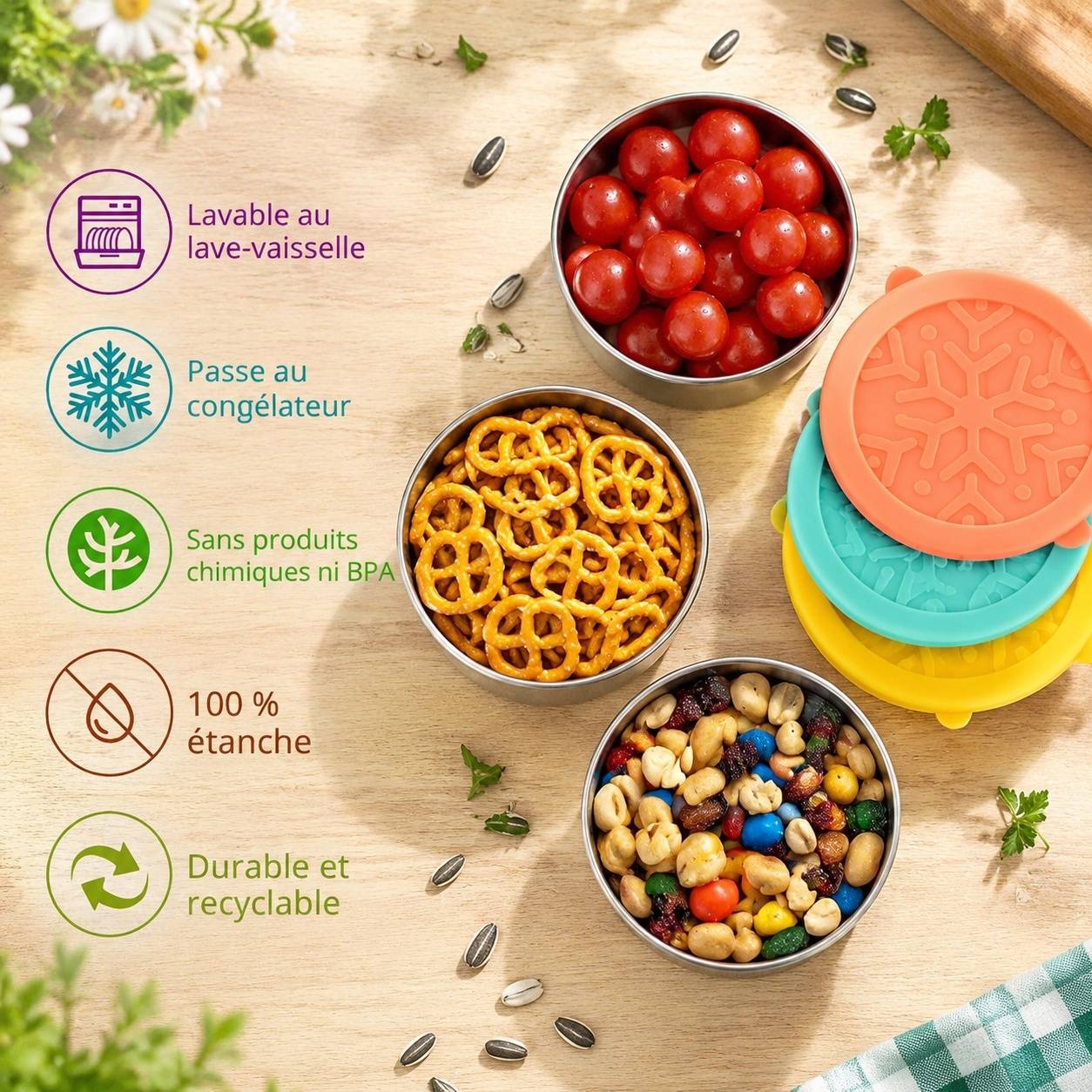 Lot de 3 Boîtes de Conservation Acier Inoxydable avec Couvercles Silicone pour Collations et Repas - Image 5