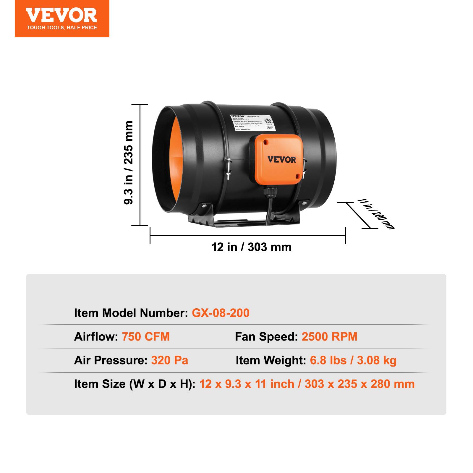 VEVOR Ventilateur de conduit 203.2mm, silencieux 860 m³/h, vitesse variable, pour tentes de culture. - Image 7