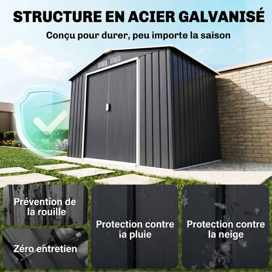 Abri de Jardin 2,77 m² - Remise pour Outils avec Fondation - cabanon Porte verrouillable - tôle d'acier Gris - Image 5