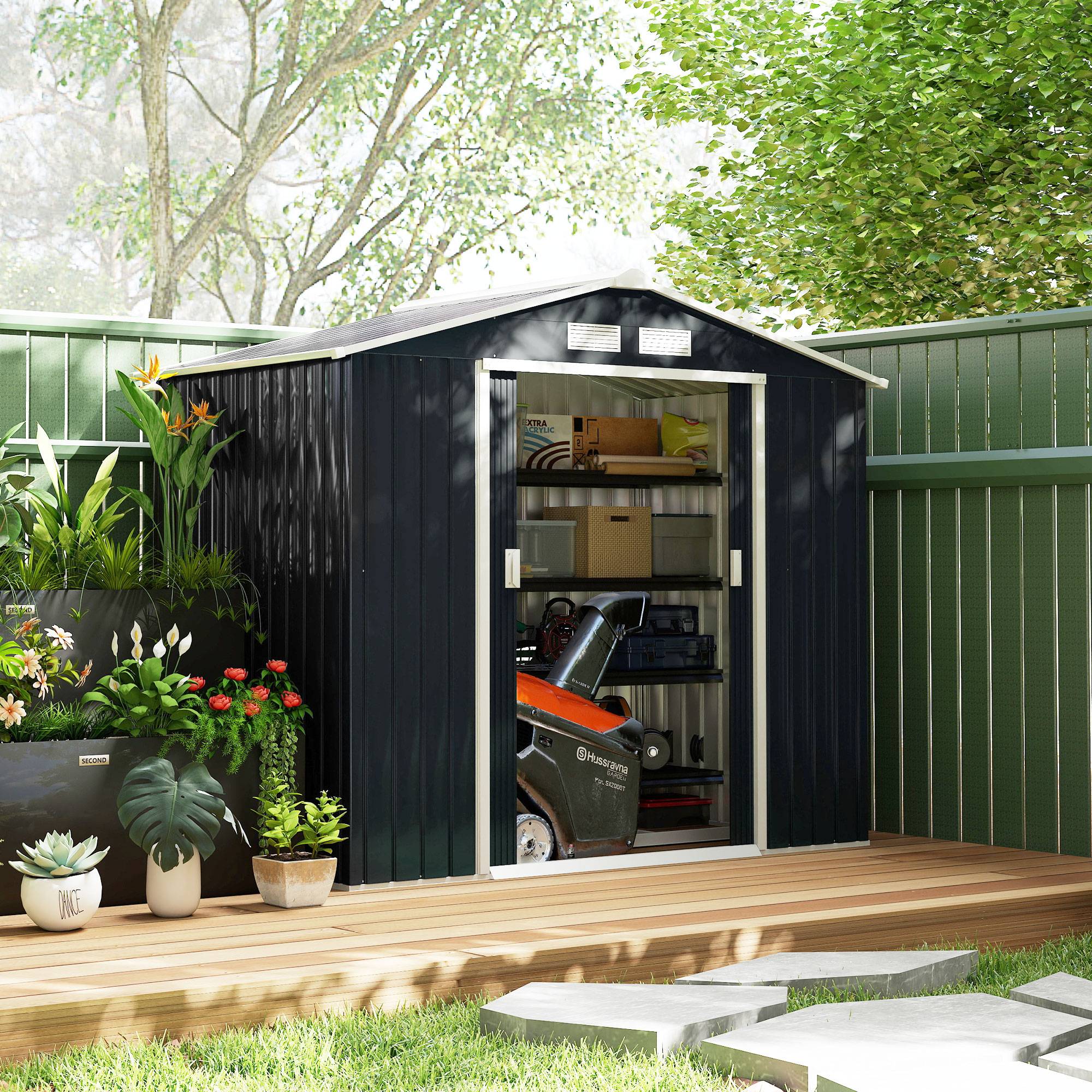 Abri de Jardin 2,77 m² - Remise pour Outils avec Fondation - cabanon Porte verrouillable - tôle d'acier Gris - Image 4