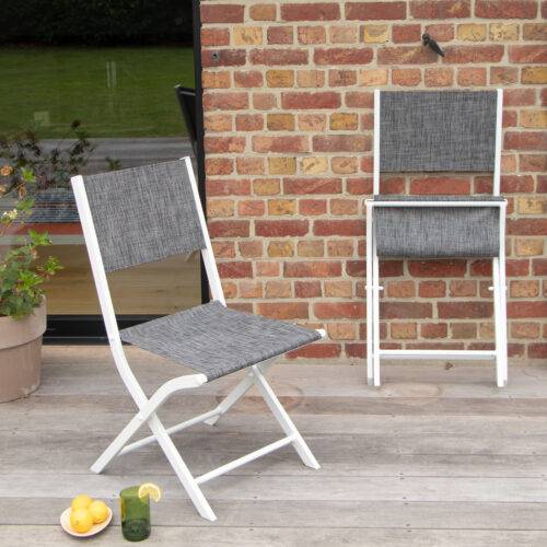 Wilsa Garden - Ensemble MODULO 6/10p en aluminium blanc et verre décors bois avec 6 fauteuils en textilène et 4 chaises pliantes - Image 6