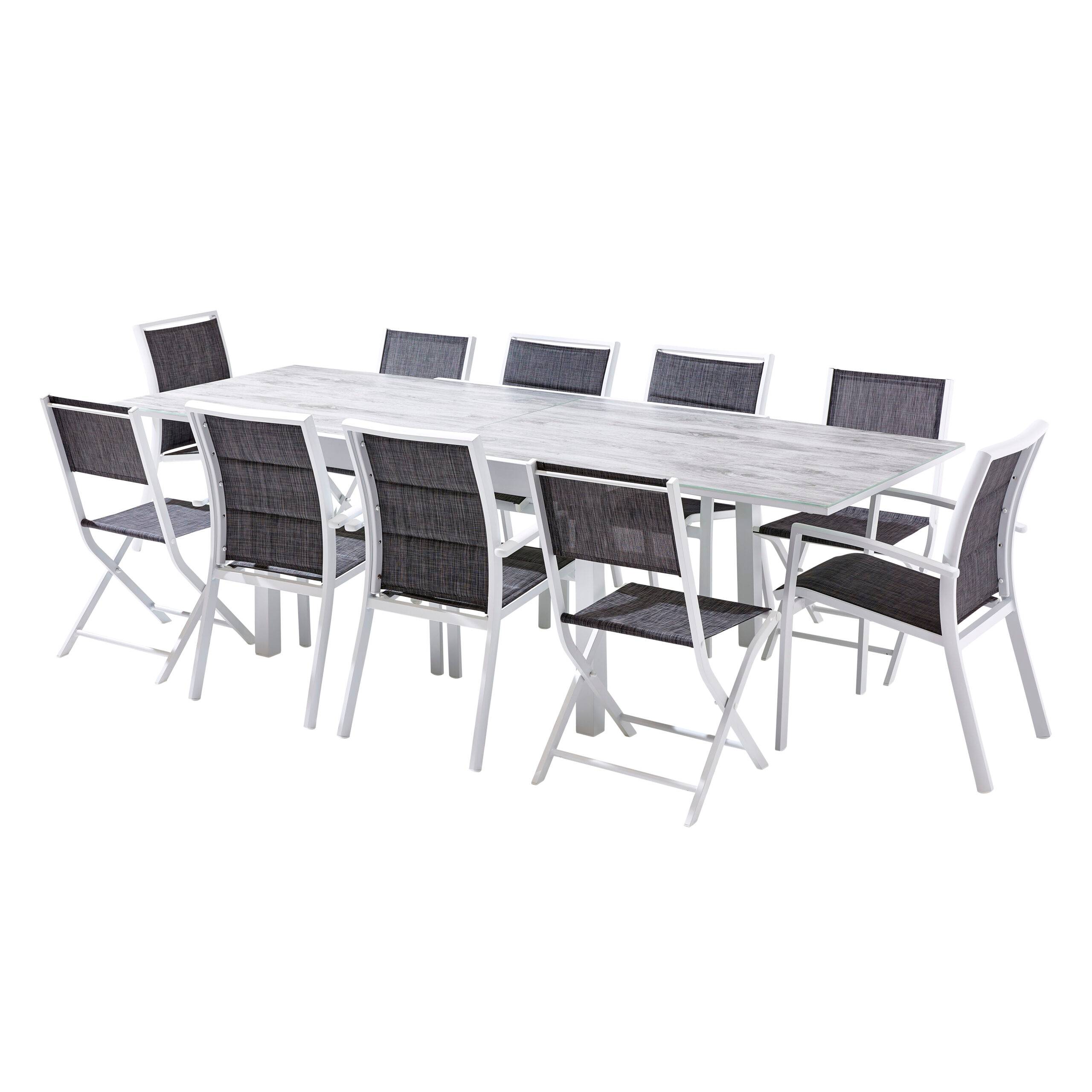 Wilsa Garden - Ensemble MODULO 6/10p en aluminium blanc et verre décors bois avec 6 fauteuils en textilène et 4 chaises pliantes - Image 2
