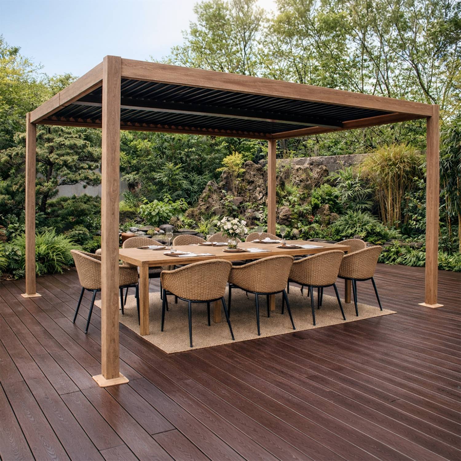 Pergola bioclimatique 4x3m structure aluminium lames orientables effet bois CORFU - Image 4