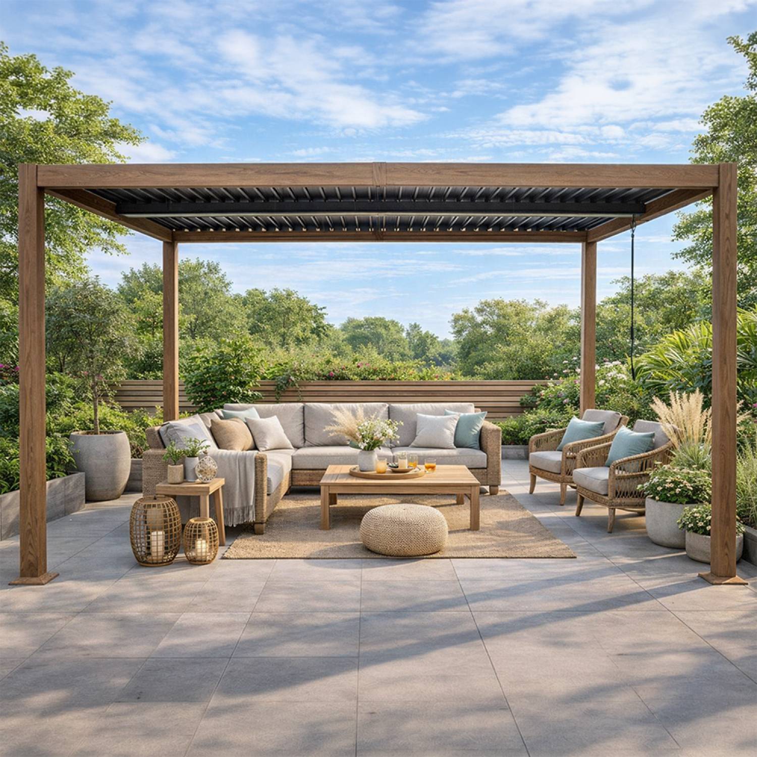 Pergola bioclimatique 4x3m structure aluminium lames orientables effet bois CORFU - Image 2