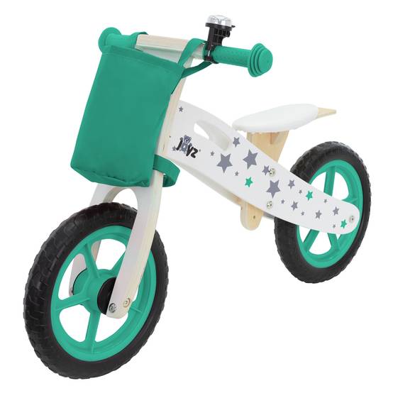Vélo d'équilibre pour enfants 85x54 cm vert cadre en bois pneus en mousse EVA avec 2 roues et sac en tissu siège réglable convient de 2 à 5 ans - Image 1